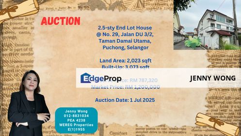 AUCTION: 2.5-sty End Lot House @ Taman Damai Utama, Bdr Kinrara, Puchong, Selangor, Selangor, Bandar Kinrara Puchong