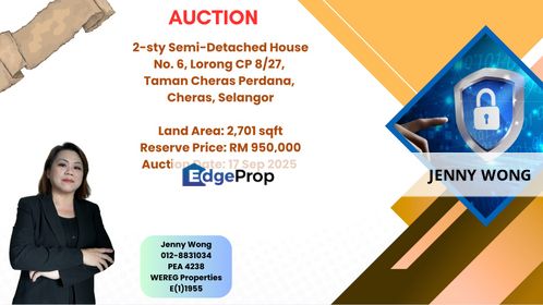 Taman Cheras Perdana, Cheras, Selangor, 2-sty Semi-Detached House For Auction, Selangor, Cheras