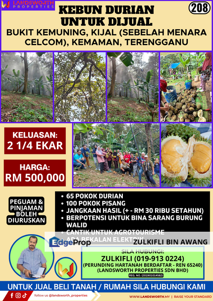 KEBUN DURIAN UNTUK DIJUAL DI BUKIT KEMUNING, KIJAL (SEBELAH MENARA CELCOM), KEMAMAN, TERENGGANU, Terengganu, Kijal