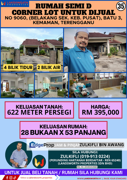 RUMAH SEMI D CORNER LOT UNTUK DIJUAL DI NO 9060, (BELAKANG SEK. KEB. PUSAT), BATU 3, KEMAMAN, TERENGGANU, Terengganu, Kemaman