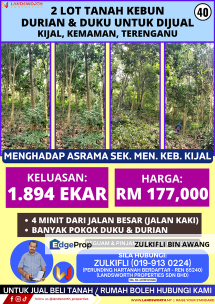 TANAH KEBUN DURIAN & DUKU UNTUK DIJUAL DI KIJAL, KEMAMAN, TERENGGANU, Terengganu, Kijal
