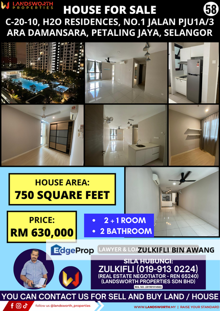 HOUSE FOR SALE AT C-20-10,  H20 RESIDENCES, NO 1 JALAN PJU1A/3 ARA DAMANSARA, PETALING JAYA, SELANGOR, Selangor, Petaling Jaya