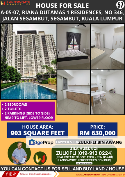 HOUSE FOR SALE AT A-05-07, RIANA DUTAMAS 1 RESIDENCES, NO 346, JALAN SEGAMBUT, SEGAMBUT, KUALA LUMPUR, Kuala Lumpur, Segambut