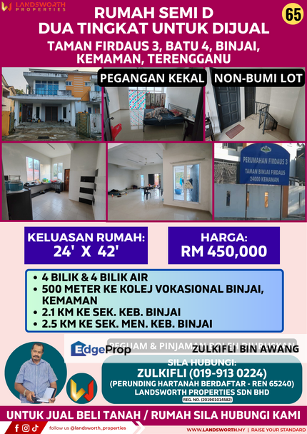 RUMAH SEMI D DUA TINGKAT UNTUK DIJUAL DI TAMAN FIRDAUS 3, BATU 4, BINJAI, KEMAMAN, TERENGGANU, Terengganu, Kemaman