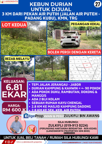 KEBUN DURIAN UNTUK DIJUAL DI 3 KM DARI PEKAN AIR PUTIH (JALAN PUTEH - PADANG KUBU), KEMAMAN, TERENGGANU, Terengganu, Kemaman