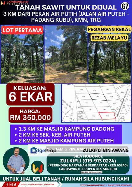 TANAH SAWIT UNTUK DIJUAL DI 3 KM DARI PEKAN AIR PUTIH (JALAN PUTEH - PADANG KUBU), KEMAMAN, TERENGGANU, Terengganu, Kemaman