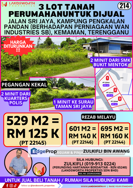 3 LOT TANAH PERUMAHAN UNTUK DIJUAL DI JALAN SRI JAYA, KAMPUNG PENGKALAN PANDAN, KEMAMAN, TERENGGANU, Terengganu, Cukai