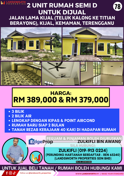 2 UNIT RUMAH SEMI D UNTUK DIJUAL DI JALAN LAMA KIJAL (TELUK KALONG - TITIAN BERAYONG), KIJAL, KEMAMAN, TERENGGANU, Terengganu, Kijal