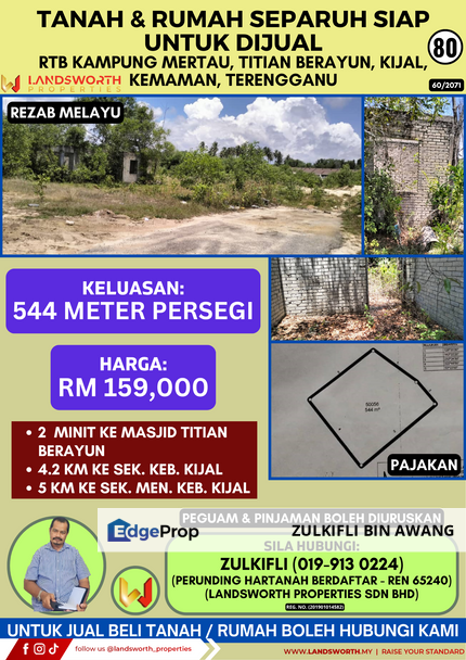 TANAH & RUMAH SEPARUH SIAP UNTUK DIJUAL DI RTB KAMPUNG MERTAU, TITIAN BERAYUN, KIJAL, KEMAMAN, TERENGGANU, Terengganu, Kijal