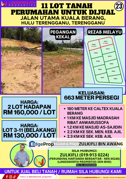 11 LOT TANAH PERUMAHAN UNTUK DIJUAL DI JALAN UTAMA KUALA BERANG, HULU TERENGGANU, TERENGGANU, Terengganu, Kuala Berang