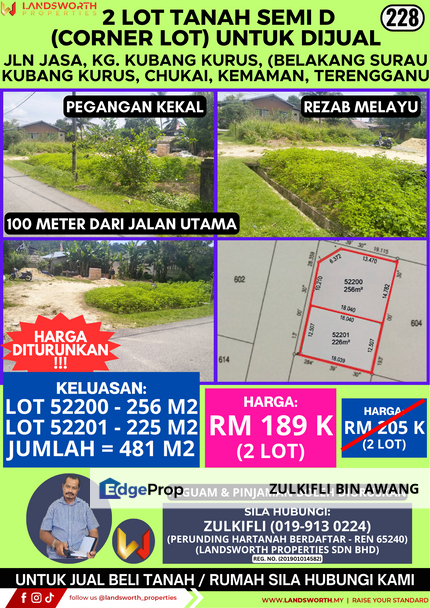 2 LOT TANAH SEMI D (CORNER LOT) UNTUK DIJUAL DI JALAN JASA, KAMPUNG KUBANG KURUS, (BELAKANG SURAU KUBANG KURUS), CHUKAI, KEMAMAN, TERENGGANU, Terengganu, Cukai