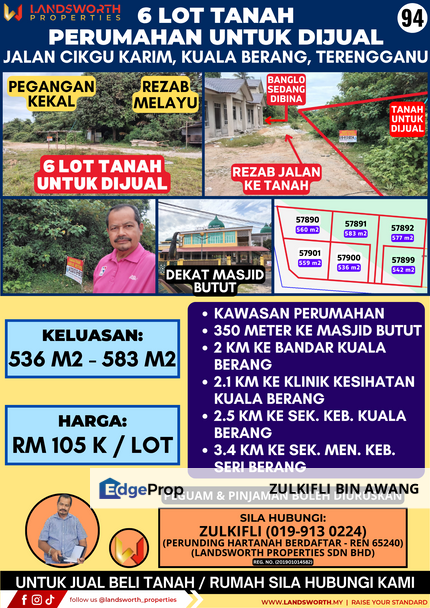 6 LOT TANAH PERUMAHAN UNTUK DIJUAL DI JALAN CIKGU KARIM, KUALA BERANG, TERENGGANU, Terengganu, Kuala Berang