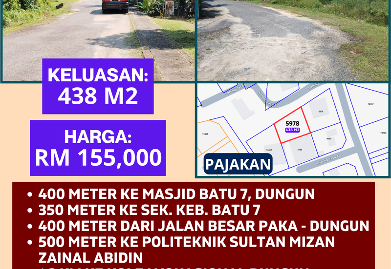 TANAH LOT PERUMAHAN UNTUK DIJUAL DI LORONG SAIDINA ABU BAKAR ASSIDDIQ 5, KAMPUNG BATU 7, SURA, DUNGUN, TERENGGANU