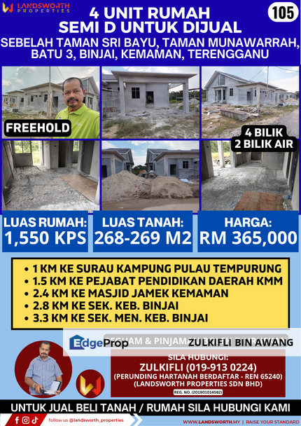 4 UNIT RUMAH SEMI D UNTUK DIJUAL DI SEBELAH TAMAN SRI BAYU, TAMAN MUNAWARRAH, BATU 3, BINJAI, KEMAMAN, TERENGGANU, Terengganu, Kemaman
