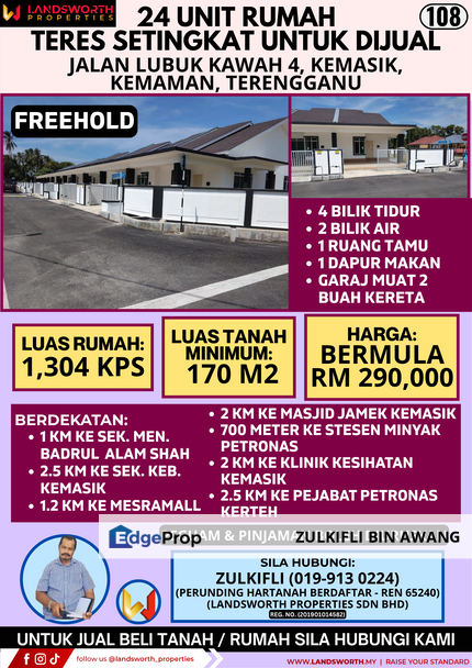24 UNIT RUMAH TERES SETINGKAT UNTUK DIJUAL DI JALAN LUBUK KAWAH 4, KEMASIK, KEMAMAN, TERENGGANU, Terengganu, Kemasik