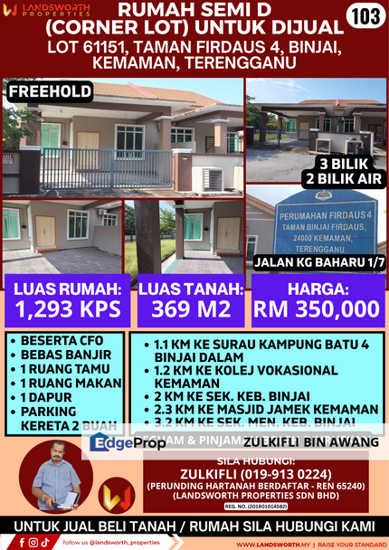 RUMAH SEMI D (CORNER LOT) UNTUK DIJUAL DI LOT 61151, TAMAN FIRDAUS 4, BINJAI, KEMAMAN, TERENGGANU, Terengganu, Kemaman
