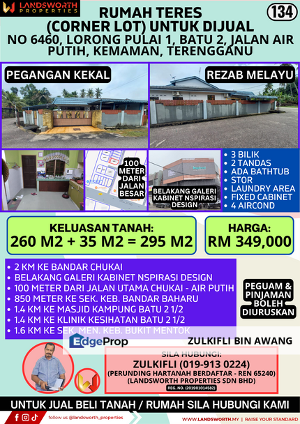 RUMAH TERES (CORNER LOT) UNTUK DIJUAL DI NO 6460, LORONG PULAI 1, BATU 2, JALAN AIR PUTIH, KEMAMAN, TERENGGANU, Terengganu, Kemaman