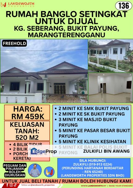 RUMAH BANGLO SETINGKAT UNTUK DIJUAL DI KAMPUNG SEBERANG, BUKIT PAYUNG, MARANG, TERENGGANU, Terengganu, Marang