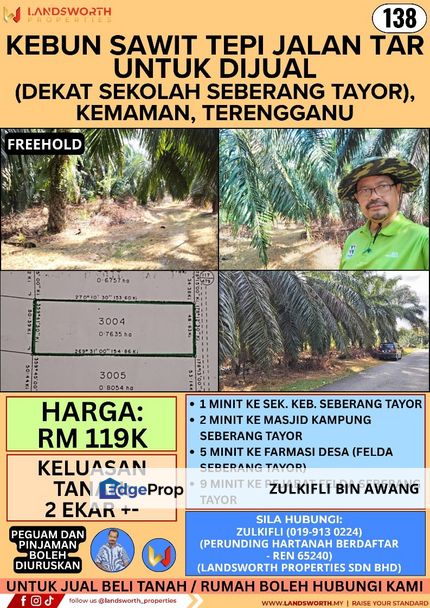 KEBUN SAWIT TEPI JALAN TAR UNTUK DIJUAL DI (DEKAT SEKOLAH SEBERANG TAYOR), KEMAMAN, TERENGGANU, Terengganu, Kemaman
