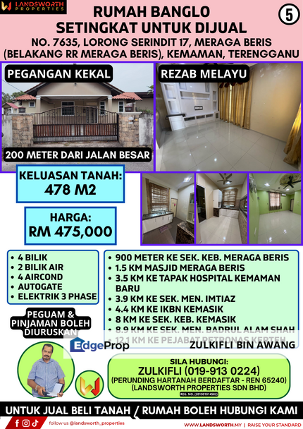 RUMAH BANGLO SETINGKAT UNTUK DIJUAL DI NO. 7635, LORONG SERINDIT 17, MERAGA BERIS,  (BELAKANG RR MERAGA BERIS), KEMAMAN, TERENGGANU, Terengganu, Kerteh