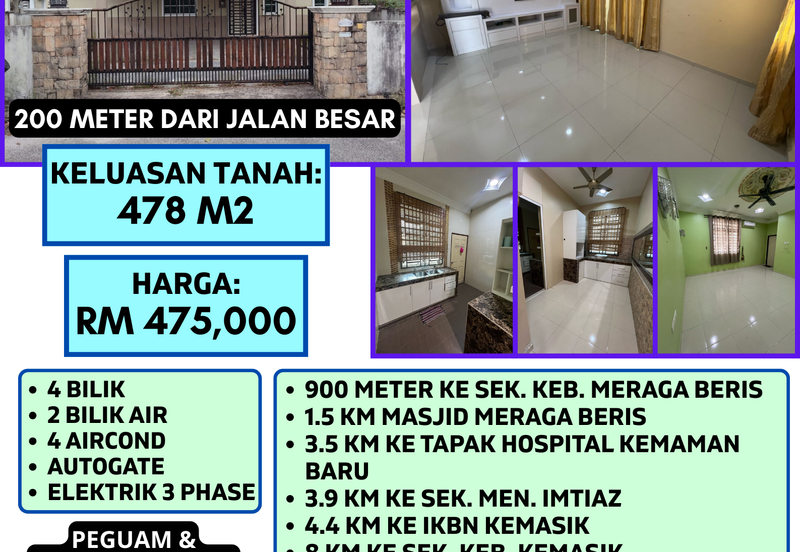 RUMAH BANGLO SETINGKAT UNTUK DIJUAL DI NO. 7635, LORONG SERINDIT 17, MERAGA BERIS,  (BELAKANG RR MERAGA BERIS), KEMAMAN, TERENGGANU