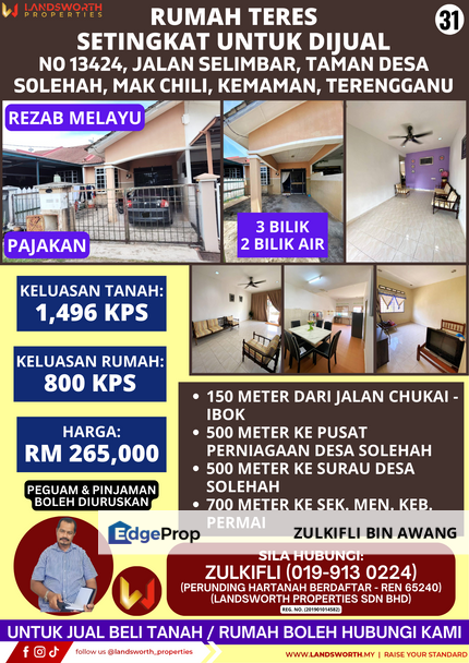 RUMAH TERES SETINGKAT UNTUK DIJUAL DI NO 13424, JALAN SELIMBAR, TAMAN DESA SOLEHAH, MAK CHILI, KEMAMAN, TERENGGANU, Terengganu, Kemaman
