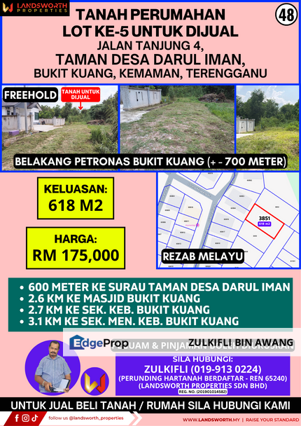 TANAH PERUMAHAN LOT KE-5 UNTUK DIJUAL DI JALAN TANJUNG 4, TAMAN DESA DARUL IMAN, BUKIT KUANG, KEMAMAN, TERENGGANU, Terengganu, Kemaman