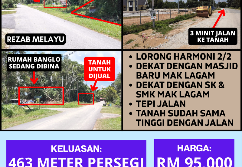 TANAH LOT PERUMAHAN UNTUK DIJUAL DI JALAN HARMONI 2/2, MAK LAGAM, KEMAMAN, TERENGGANU