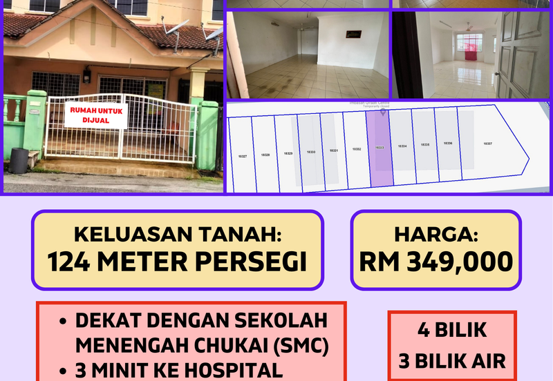RUMAH TEREB 2 TINGKAT UNTUK DIJUAL DI PT 15509, TAMAN CHUKAI INDAH 2, JALAN HAJI WAN NGAH, CHUKAI, KEMAMAN, TERENGGANU