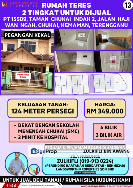 RUMAH TEREB 2 TINGKAT UNTUK DIJUAL DI PT 15509, TAMAN CHUKAI INDAH 2, JALAN HAJI WAN NGAH, CHUKAI, KEMAMAN, TERENGGANU, Terengganu, Cukai
