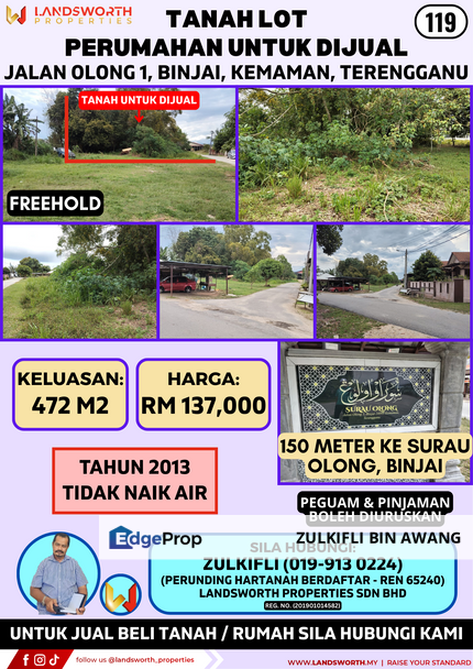 TANAH LOT PERUMAHAN UNTUK DIJUAL DI JALAN OLONG 1, BINJAI, KEMAMAN, TERENGGANU, Terengganu, Kemaman