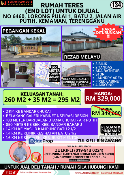 RUMAH TERES (CORNER LOT) UNTUK DIJUAL DI NO 6460, LORONG PULAI 1, BATU 2, JALAN AIR PUTIH, KEMAMAN, TERENGGANU, Terengganu, Kemaman