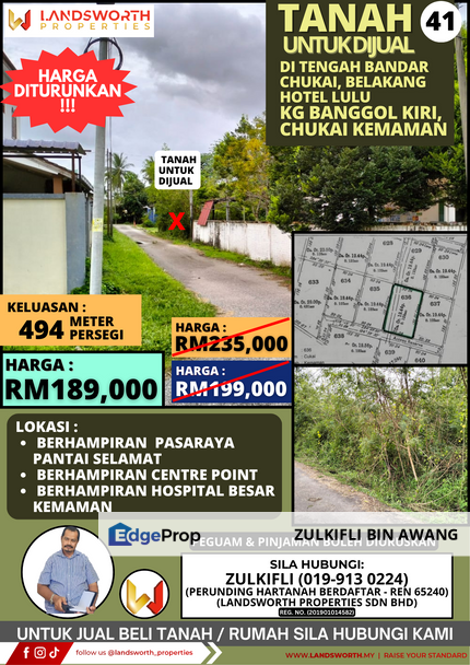 TANAH LOT PERUMAHAN UNTUK DIJUAL DI TENGAH BANDAR CHUKAI, BELAKANG HOTEL LULU, KAMPUNG BANGGUL KIRI, CHUKAI, KEMAMAN, TERENGGANU, Terengganu, Cukai