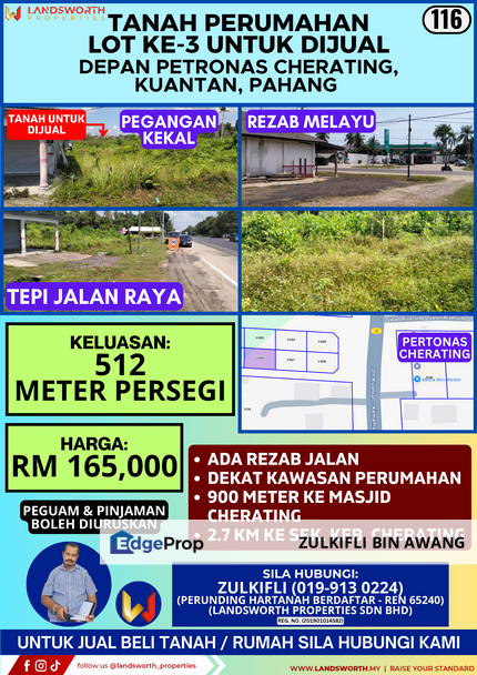 TANAH PERUMAHAN LOT KE-3 UNTUK DIJUAL DI DEPAN PETRONAS CHERATING, KUANTAN, PAHANG, Pahang, Balok