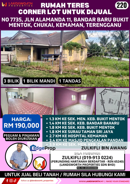  RUMAH TERES CORNER LOT UNTUK DIJUAL DI NO 7735, JALAN ALAMANDA 11, BANDAR BARU BUKIT MENTOK, CHUKAI, KEMAMAN, TERENGGANU, Terengganu, Cukai