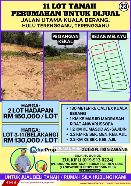 11 LOT TANAH PERUMAHAN UNTUK DIJUAL DI JALAN UTAMA KUALA BERANG, HULU TERENGGANU, TERENGGANU, Terengganu, Kuala Berang