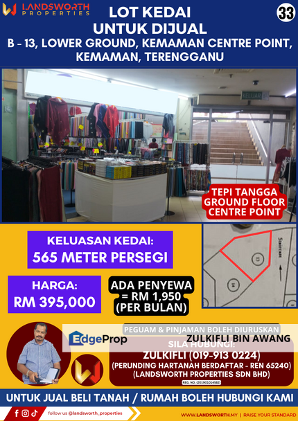 LOT KEDAI UNTUK DIJUAL DI B - 13, LOWER GROUND, KEMAMAN CENTRE POINT, KEMAMAN, TERENGGANU, Terengganu, Cukai