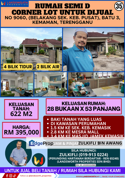 RUMAH SEMI D CORNER LOT UNTUK DIJUAL DI NO 9060, (BELAKANG SEK. KEB. PUSAT), BATU 3, KEMAMAN, TERENGGANU, Terengganu, Kemaman