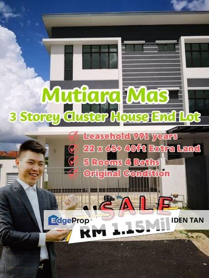 Mutiara Mas 3 Storey Cluster End Lot With Huge Land For Sale, Johor, Skudai