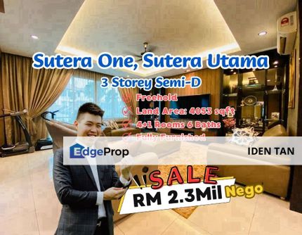 Sutera Utama Sutera One 3 Storey Semi-D Fully Furnished Unit For Sale Near Tun Aminah, Perling, Uda Utama, Danga Sutera, Bukit Indah, Skudai Indah, Johor, Skudai