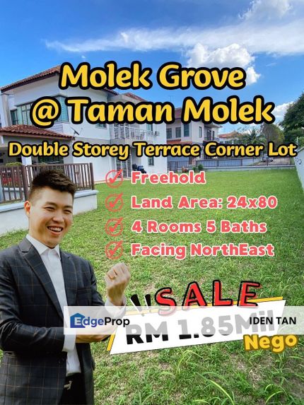 Molek Grove Taman Molek Double Storey Terrace House Super Big Corner Lot For Sale Near Taman Redang, Johor Jaya, Ponderosa, Desa Harmoni, Plentong, Johor, Johor Bahru