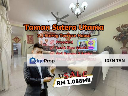 Sutera Utama 2.5 Storey Terrace House For Sale Near Danga Sutera, Uda Utama, Nusa Bestari, Tun Aminah, Skudai Indah, Mutiara Rini, Bukit Indah,Perling, Johor, Skudai