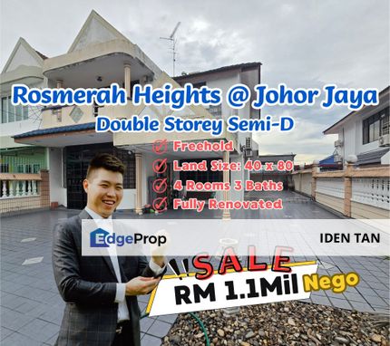 Rosmerah Heights Johor Jaya Double Storey Semi-D Fully Renovated For Sale Near Desa Harmoni, Plentong, Molek, Permas Jaya, Ponderosa, Desa Tebrau, Johor, Johor Bahru