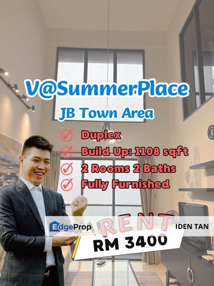 V @ SummerPlace Fully Furnished Duplex For Rent Near SkySuites, Sky Habitat, Paragon Suites, R&F Princess Cove, Meldrum Heights, TriTower, CIQ, Johor, Johor Bahru