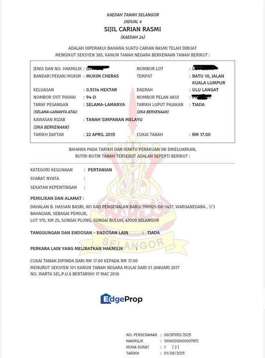 Single Storey Bungalow with Agricultural LandFor Sale, Selangor, Hulu Langat