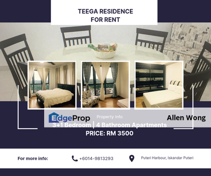 Teega Residences @ Puteri Harbour – 3+1BR Sea View Unit for Rent, 1582 sqft – RM3500, Johor, Kota Iskandar