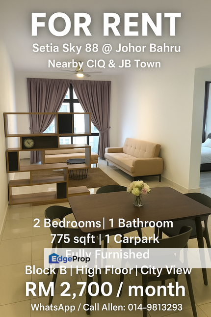 Live Near CIQ & JB Town! Fully Furnished Setia Sky 88 Apartment Ready for Rent, Johor, Johor Bahru