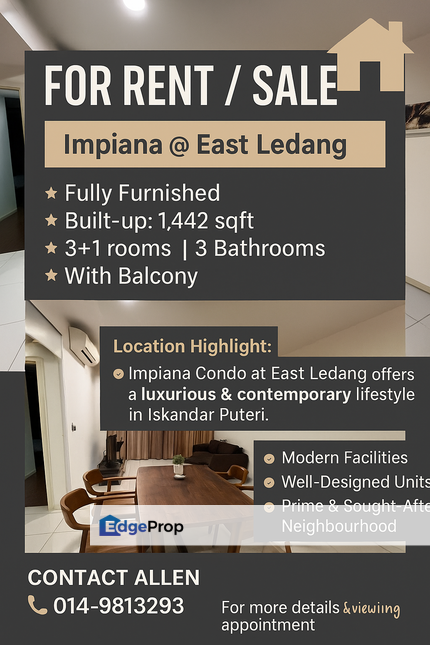 Impiana East Ledang Condo For Rent – 3+1 Rooms | Fully Furnished | Prime Iskandar Puteri Location, Johor, 