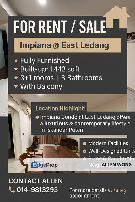 Impiana East Ledang Condo For Rent – 3+1 Rooms | Fully Furnished | Prime Iskandar Puteri Location, Johor, 