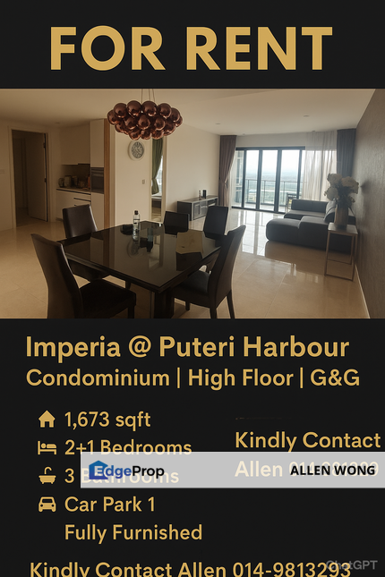 High-Floor Luxury! Fully Furnished 2+1 Bed Imperia @ Puteri Harbour for Rent, Johor, Kota Iskandar